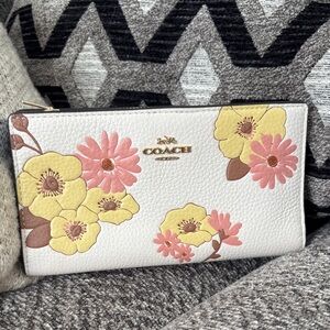 Coach White Slim Wallet with Pink and Yellow Floral Design